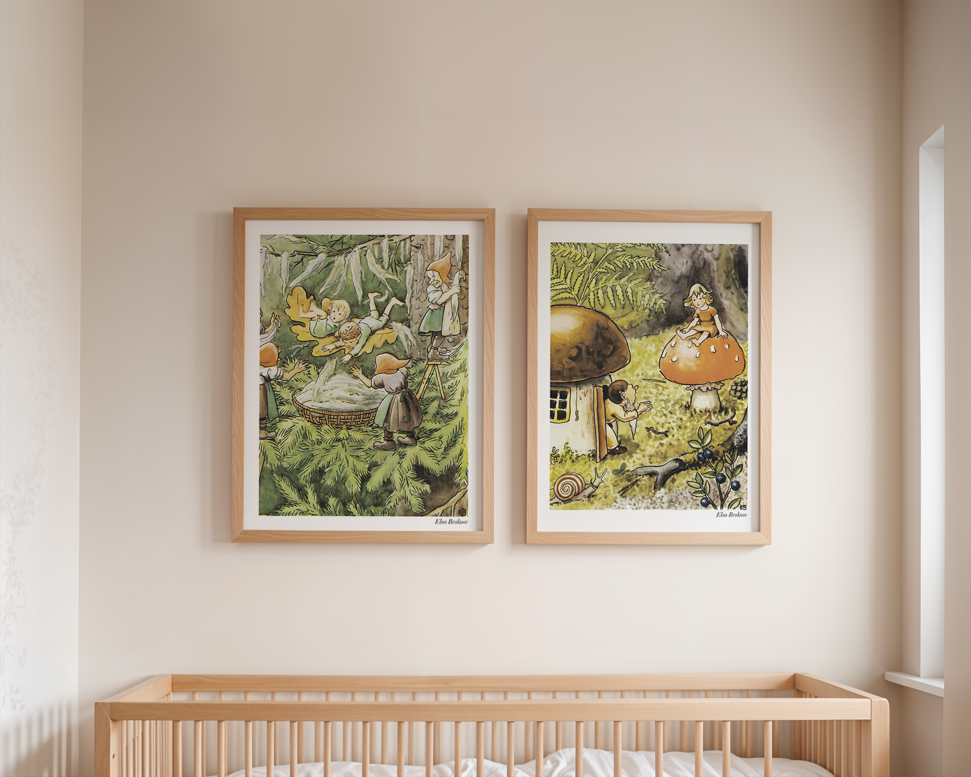 Ocke, Nutta och Pillerill poster collection by Elsa Beskow, featuring vintage illustrations from classic Swedish children's books, ideal for gallery walls and kids' rooms.