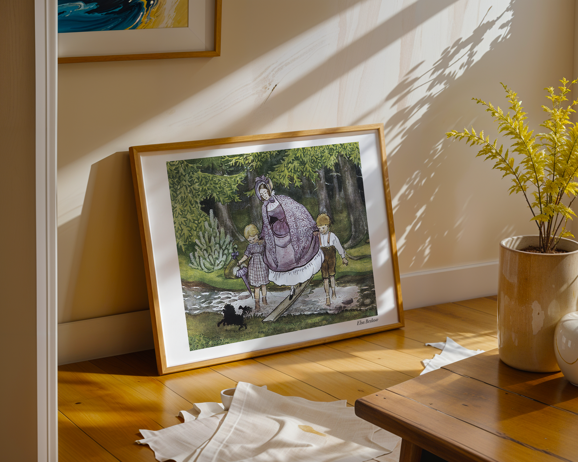 Tant Grön, tant Brun och tant Gredelin poster collection by Elsa Beskow, featuring vintage illustrations from classic Swedish children's books, ideal for gallery walls and kids' rooms.