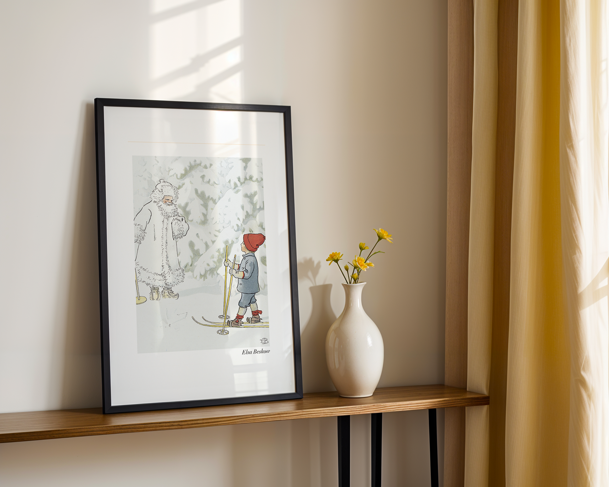 Olles skidfärd poster collection by Elsa Beskow, featuring vintage illustrations from classic Swedish children's books, ideal for gallery walls and kids' rooms.