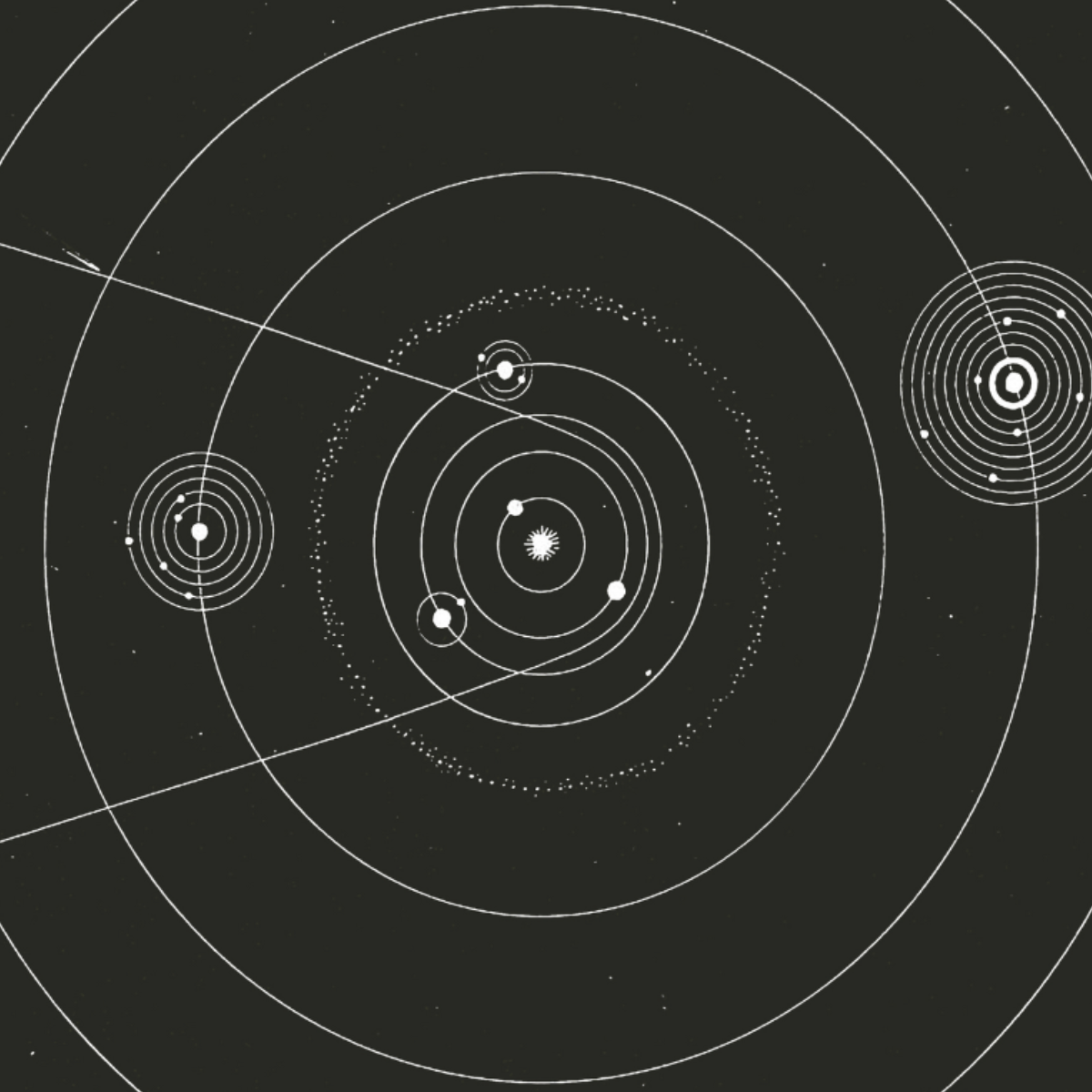 Image of vintage astronomy poster with geometric planetary orbits in black and white, retro space art print perfekt som poster tavla för modern inredning från Posterton.