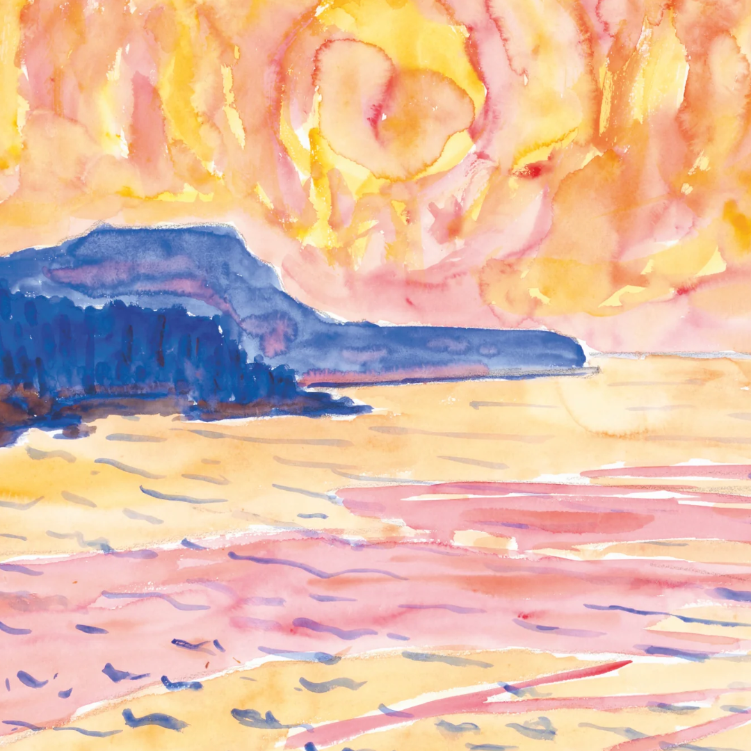 Image of Allen Tucker poster showing colorful landscape painting with bright sunset sky in yellow and pink, expressionist art print ideal as vintage poster tavla for modern Scandinavian interior design.