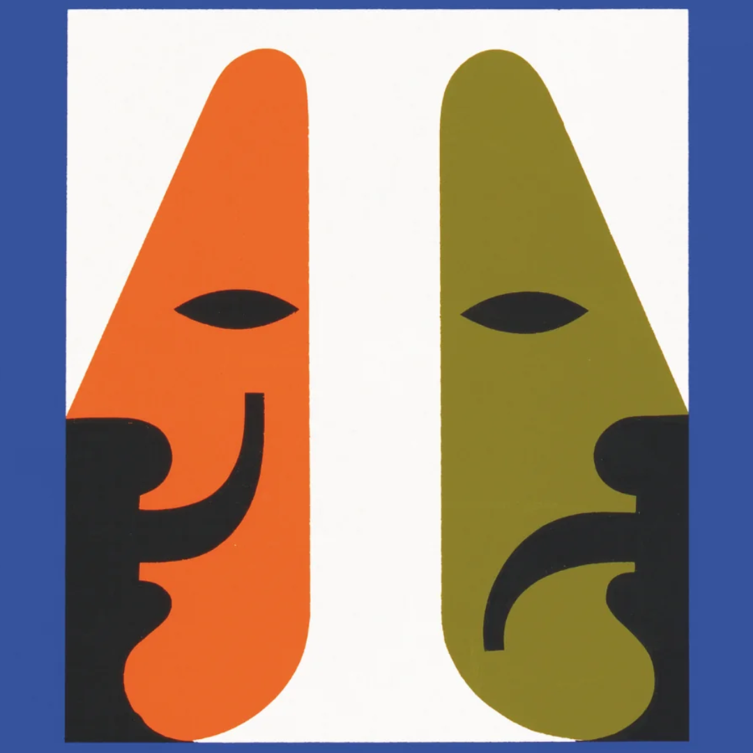 Image of Amos H. Brubaker poster with abstract graphic faces, orange and green shapes, modern konst print for väggdekor och inredning.