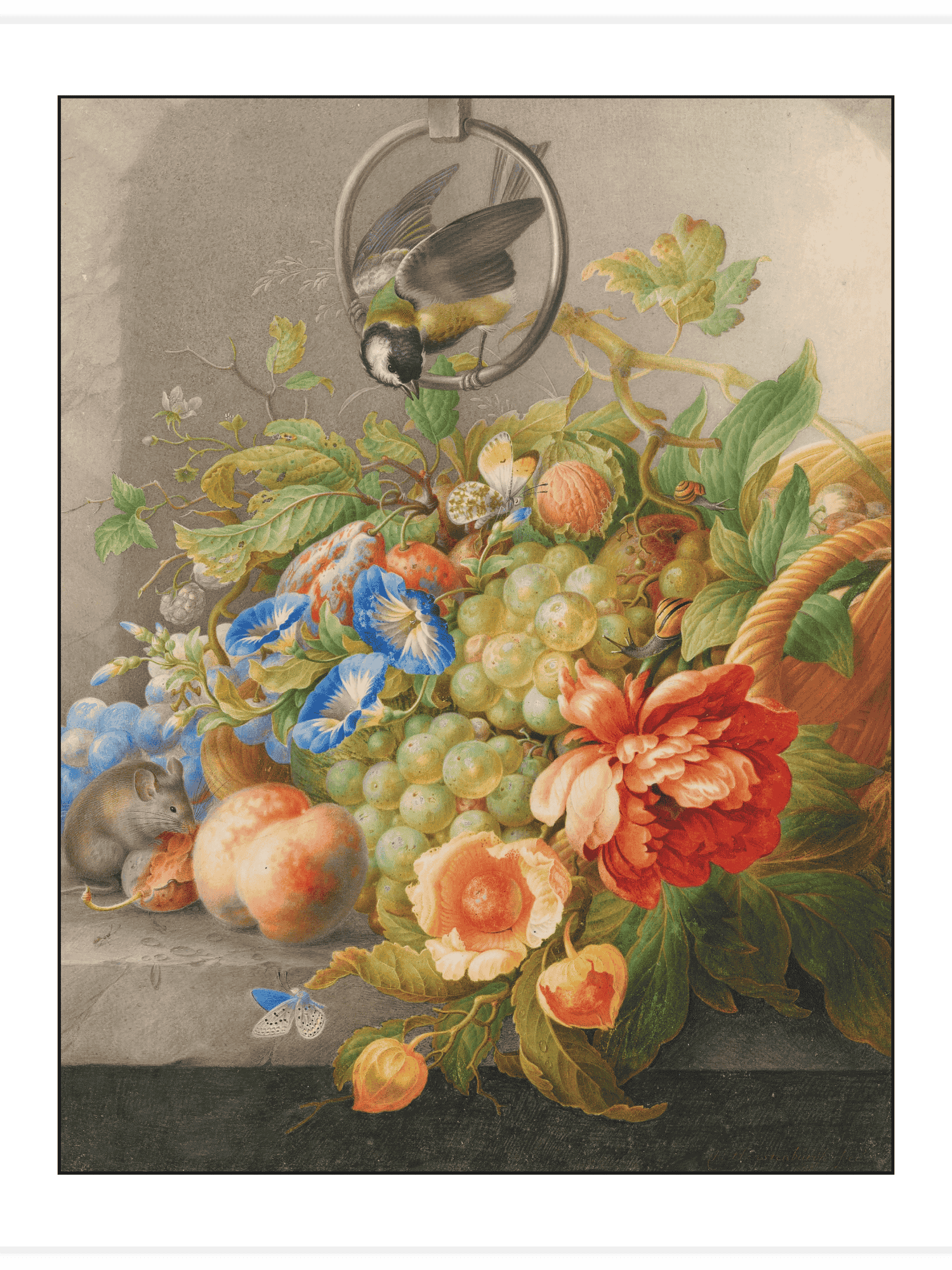 Bild på Still Life with Flowers, Fruit, a Great Tit and a Mouse