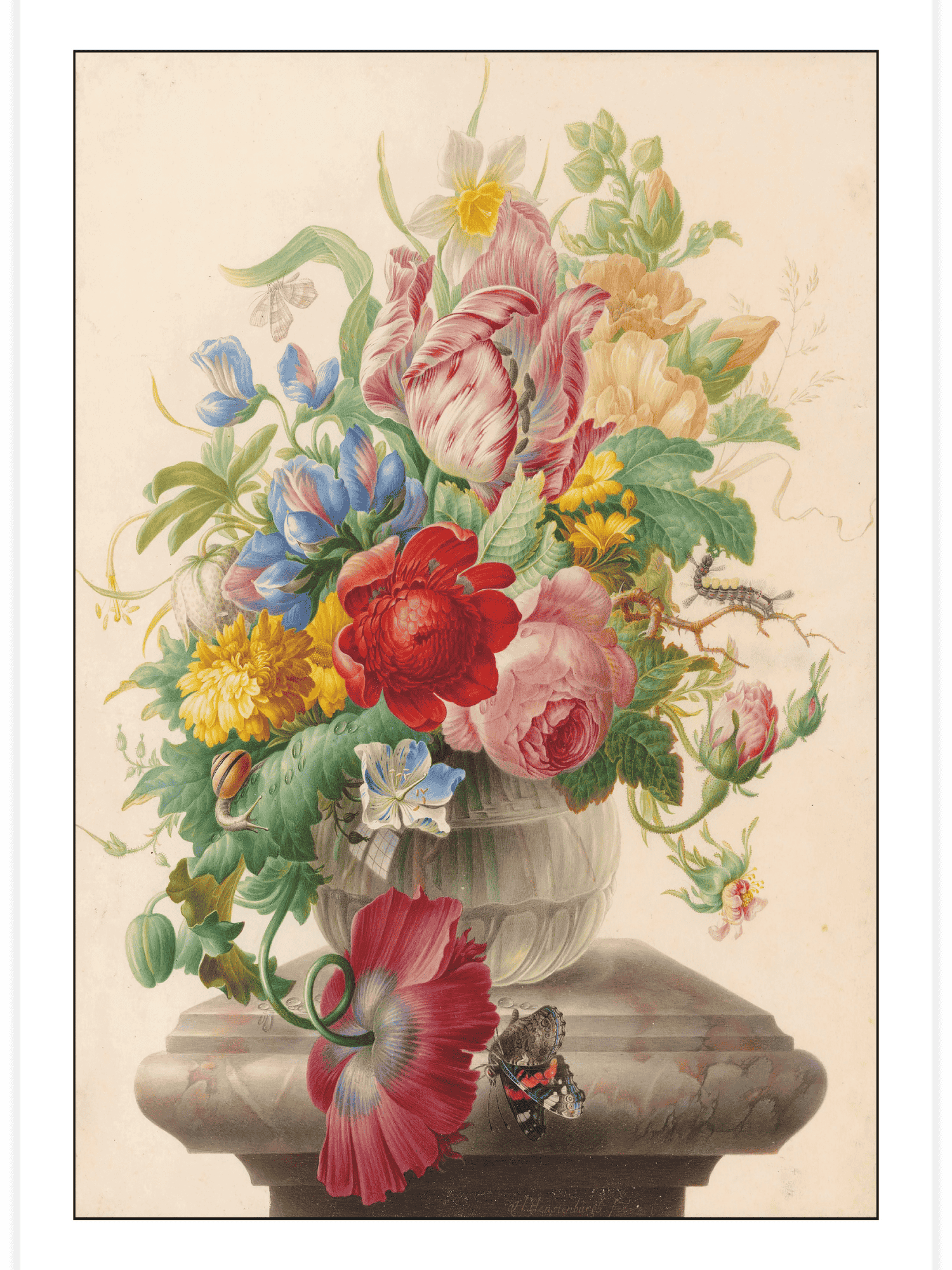 Bild på Flowers in a Glass Vase with a Butterfly