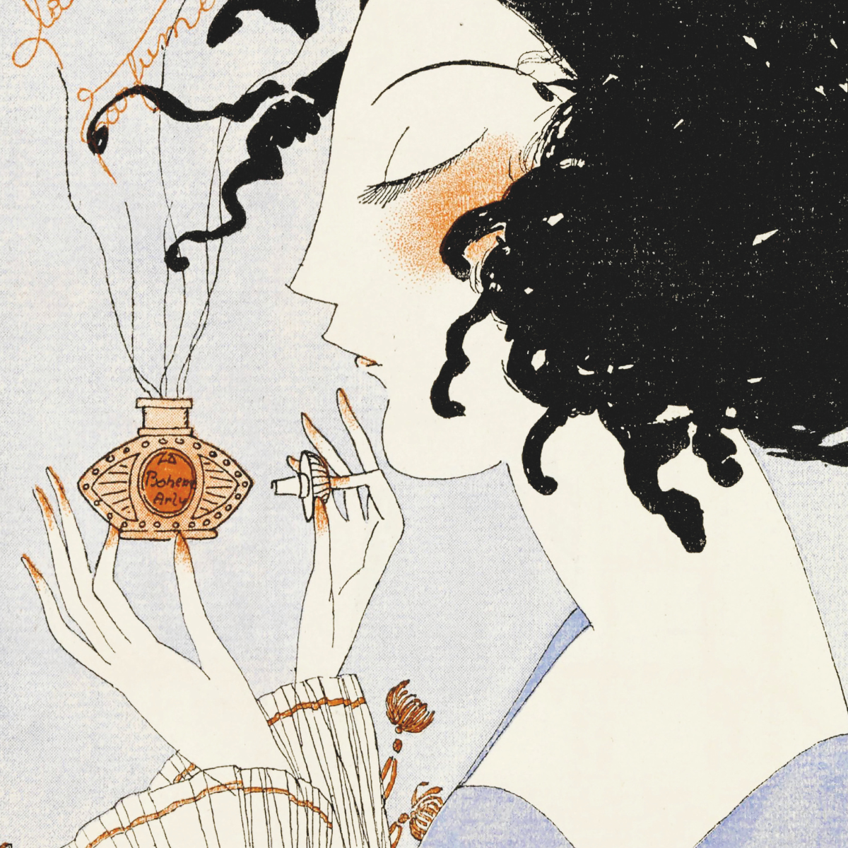 Image of Alexandre Yevgenievich Jacovleff Art Deco poster showing elegant woman with black curly hair holding vintage perfume bottle, fashion illustration print ideal as stylish poster tavla for modern interior design.