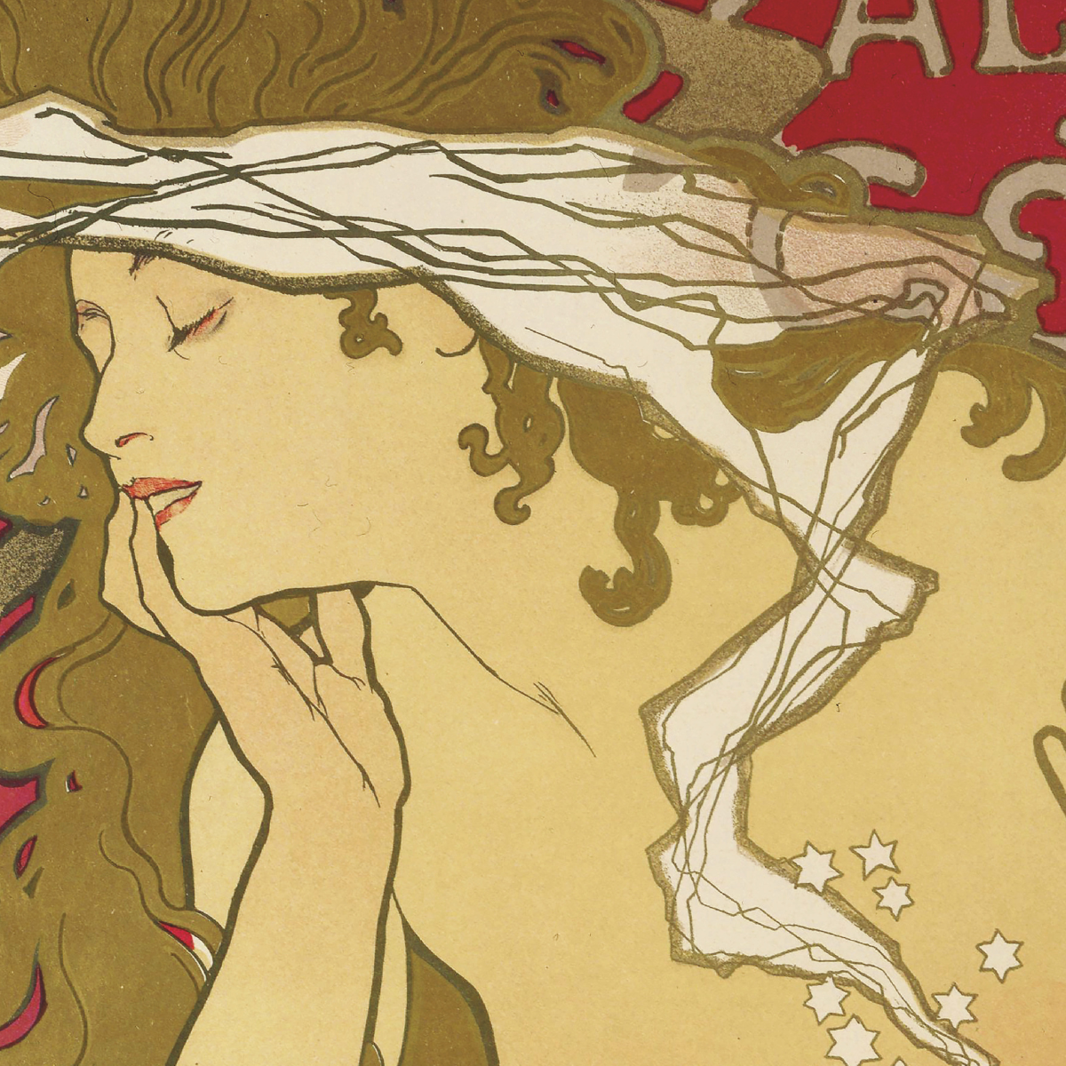Image of Alphonse Mucha poster with elegant Art Nouveau woman, decorative flowing hair and stars, vintage artwork print perfect as poster tavla for classic and modern interior design.