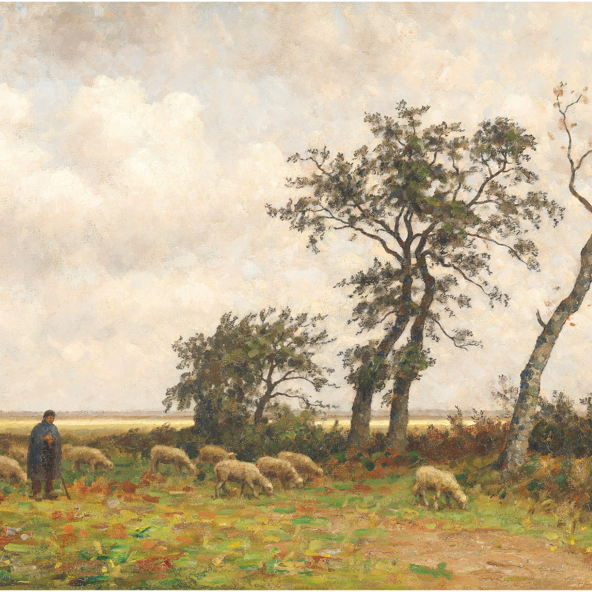 Image of Alphonse Stengelin poster with pastoral landscape, shepherd and sheep under cloudy sky, vintage countryside artwork print for classic and rustic interior design.