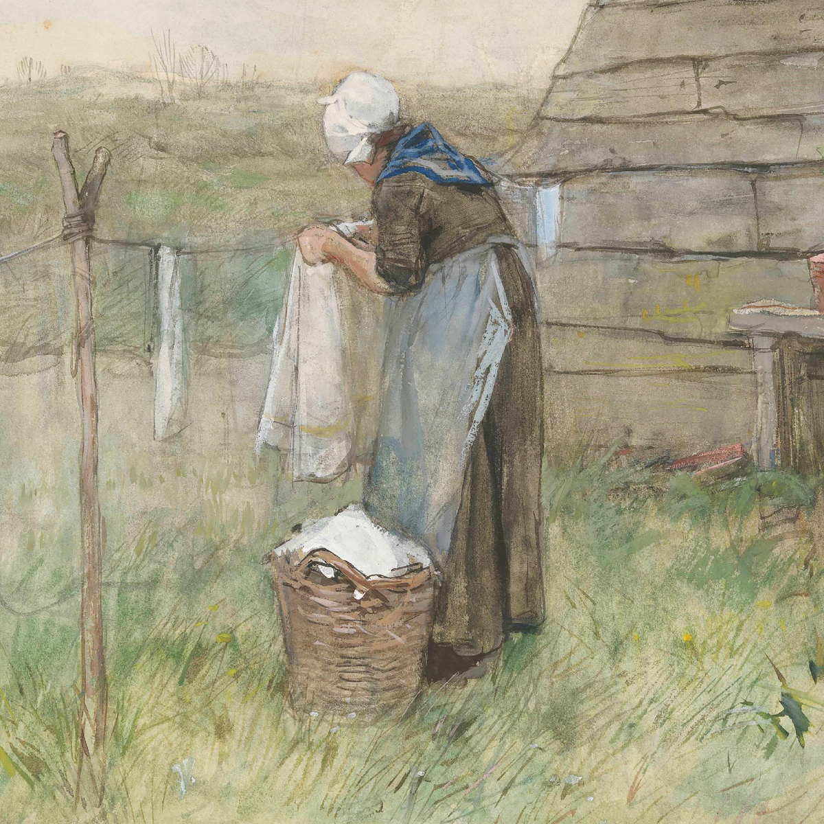 Poster by Anton Mauve showing woman hanging laundry outdoors, vintage konsttryck med lantlig känsla och väggkonst som passar kök och shabby chic inredning.