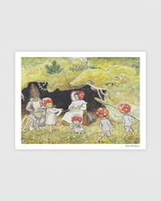 Vintage poster showing the Tomte children exploring beneath the roots of a pine tree, by Elsa Beskow.