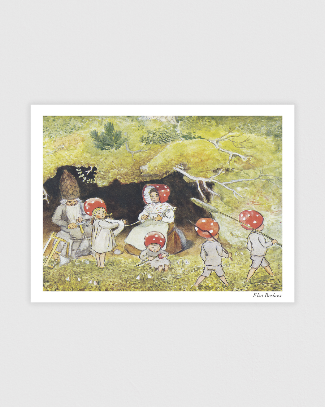 Vintage poster showing the Tomte children exploring beneath the roots of a pine tree, by Elsa Beskow.