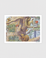 Vintage poster by Elsa Beskow with Tomte children playing hide and seek with young squirrels in the trees.