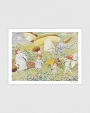 Vintage poster showing the Tomte children picking berries and mushrooms in a lush forest, by Elsa Beskow.