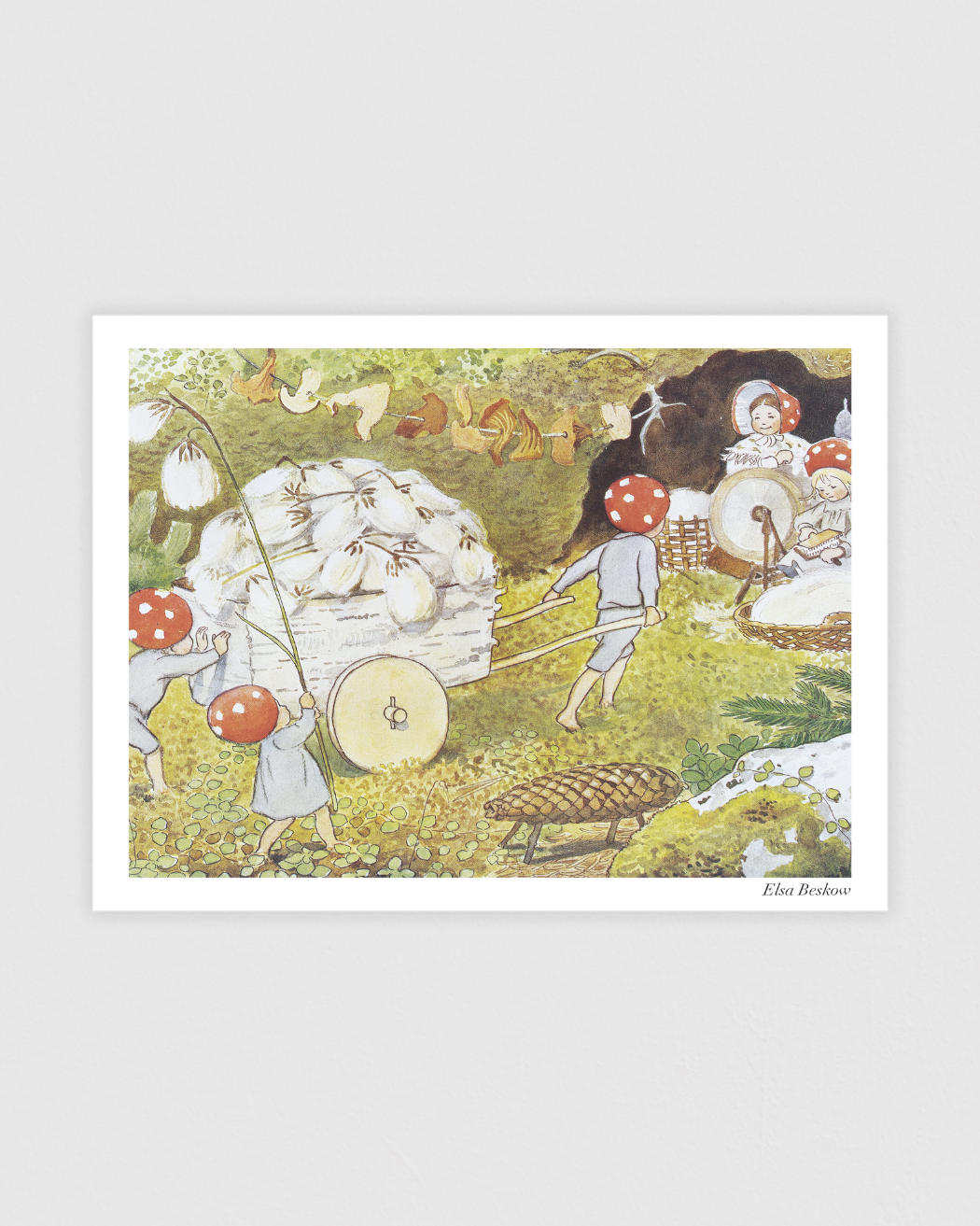 Vintage poster by Elsa Beskow with Tomte children gathering armfuls of cotton grass in a sunny meadow.
