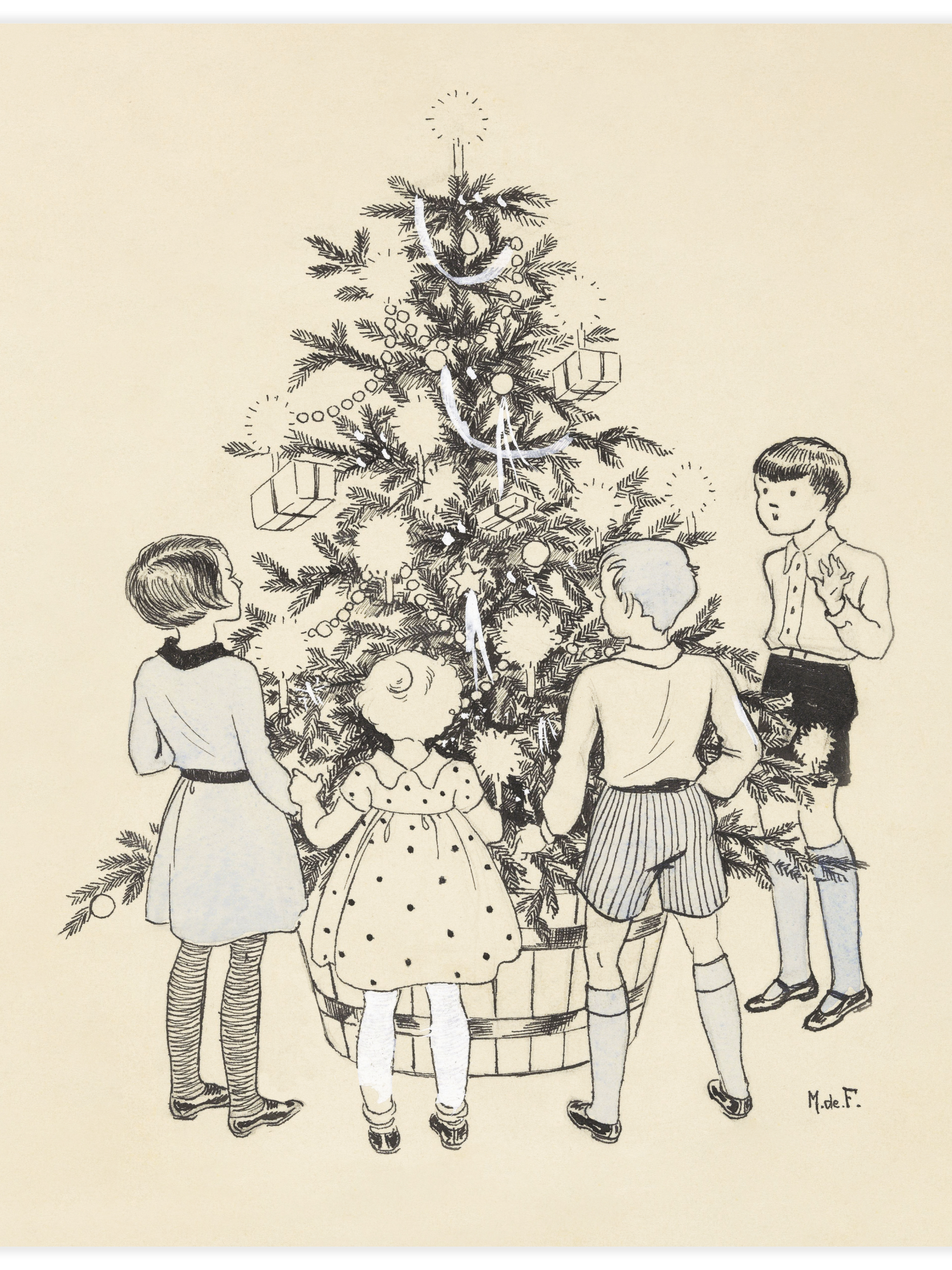 Four children around a Christmas tree