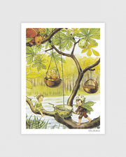 Whimsical vintage poster by Elsa Beskow showing Nutta traveling up in a forest lift, from Ocke Nutta och Pillerill.