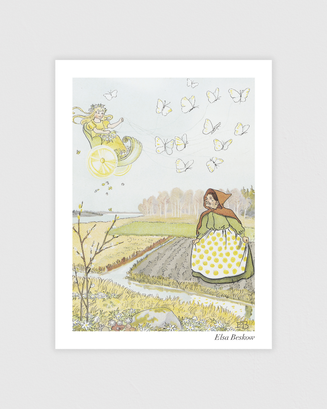 Vintage poster by Elsa Beskow showing the arrival of spring, with Princess Vår in her floral carriage.