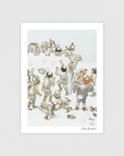 Vintage poster by Elsa Beskow featuring a playful snowball fight in a charming winter setting.