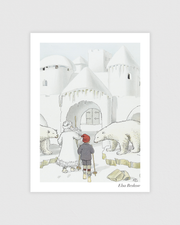 Vintage poster showing Olle exploring a magical snow fortress guarded by polar bears, by Elsa Beskow.