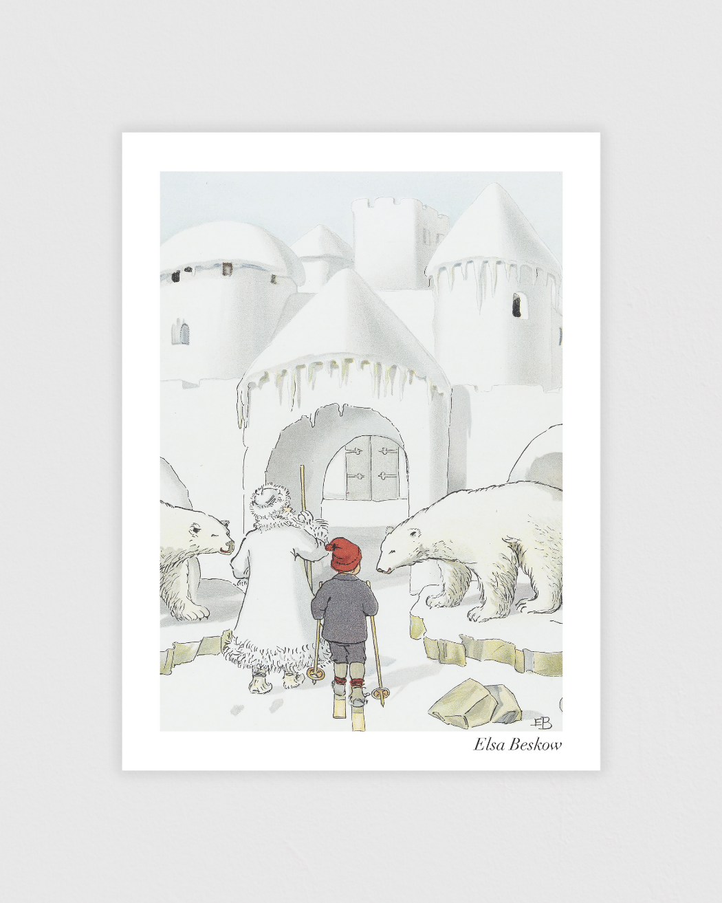 Vintage poster showing Olle exploring a magical snow fortress guarded by polar bears, by Elsa Beskow.
