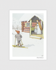 Vintage poster by Elsa Beskow showing Olle on skis as winter finally arrives in a snowy landscape.