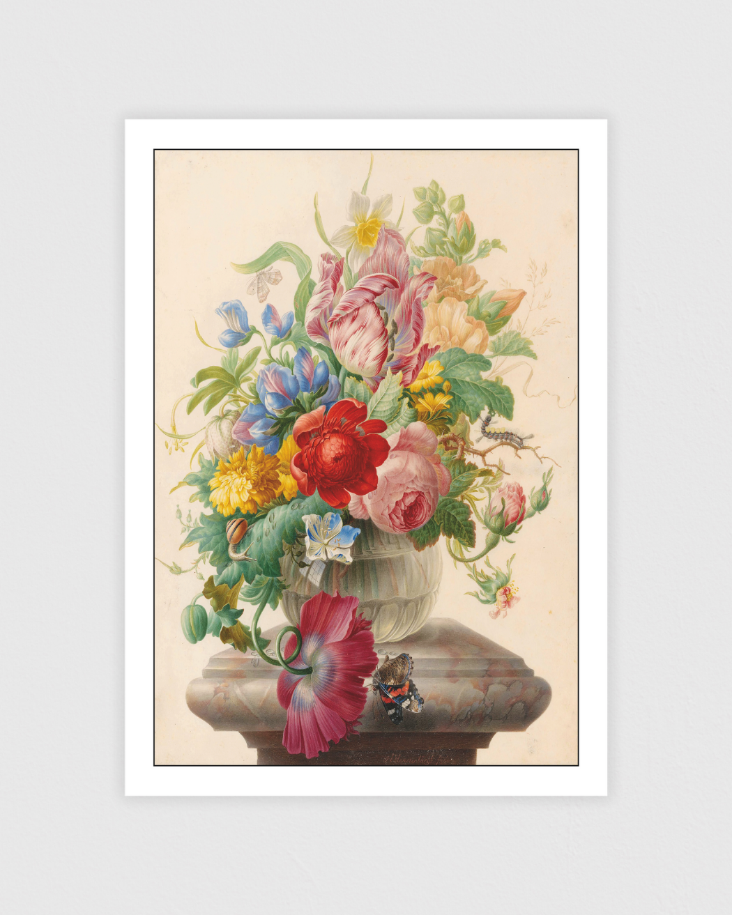 Flowers in a Glass Vase with a Butterfly