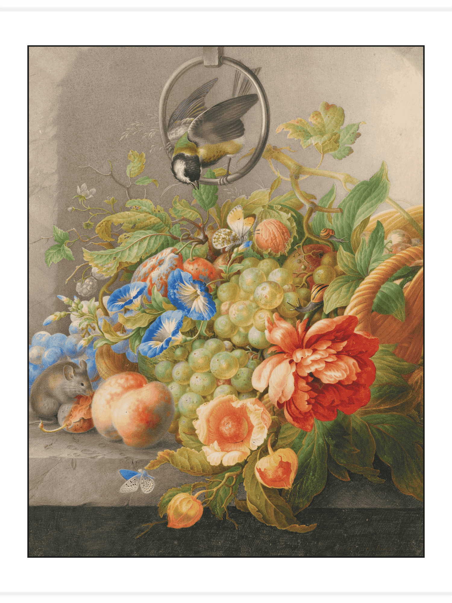 Still Life with Flowers, Fruit, a Great Tit and a Mouse