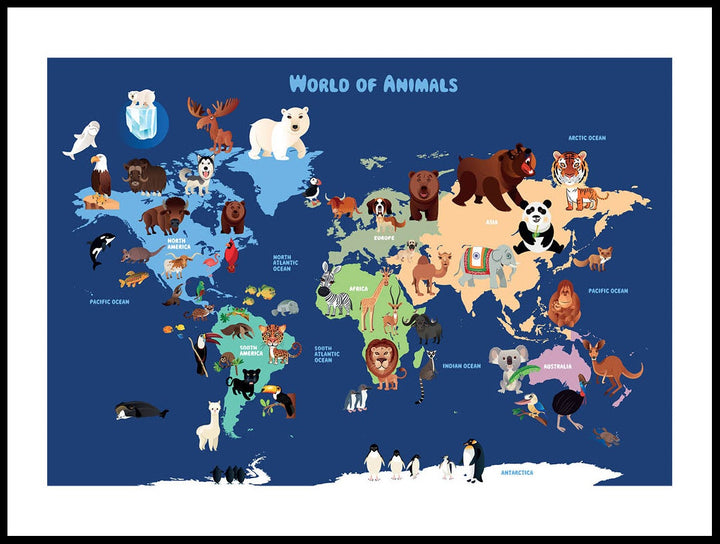 World Map With Animals Poster