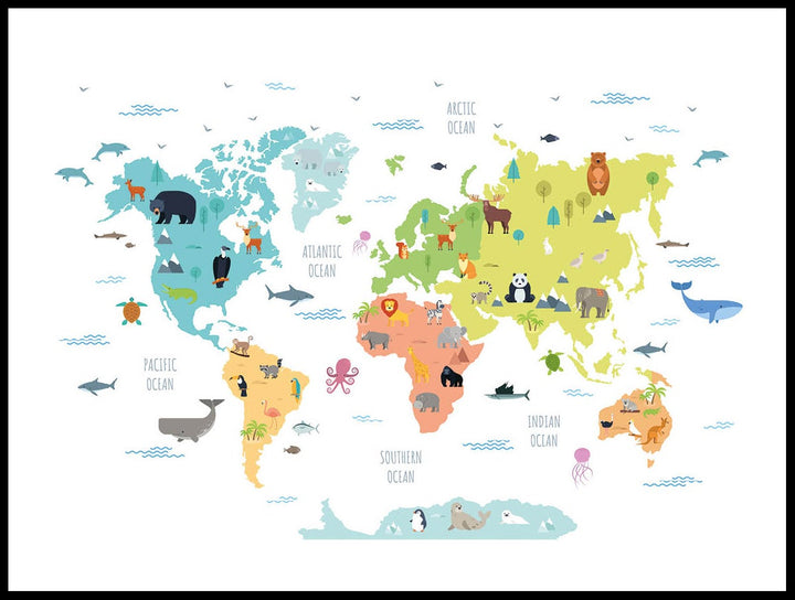 World Map With Wild Animals Poster