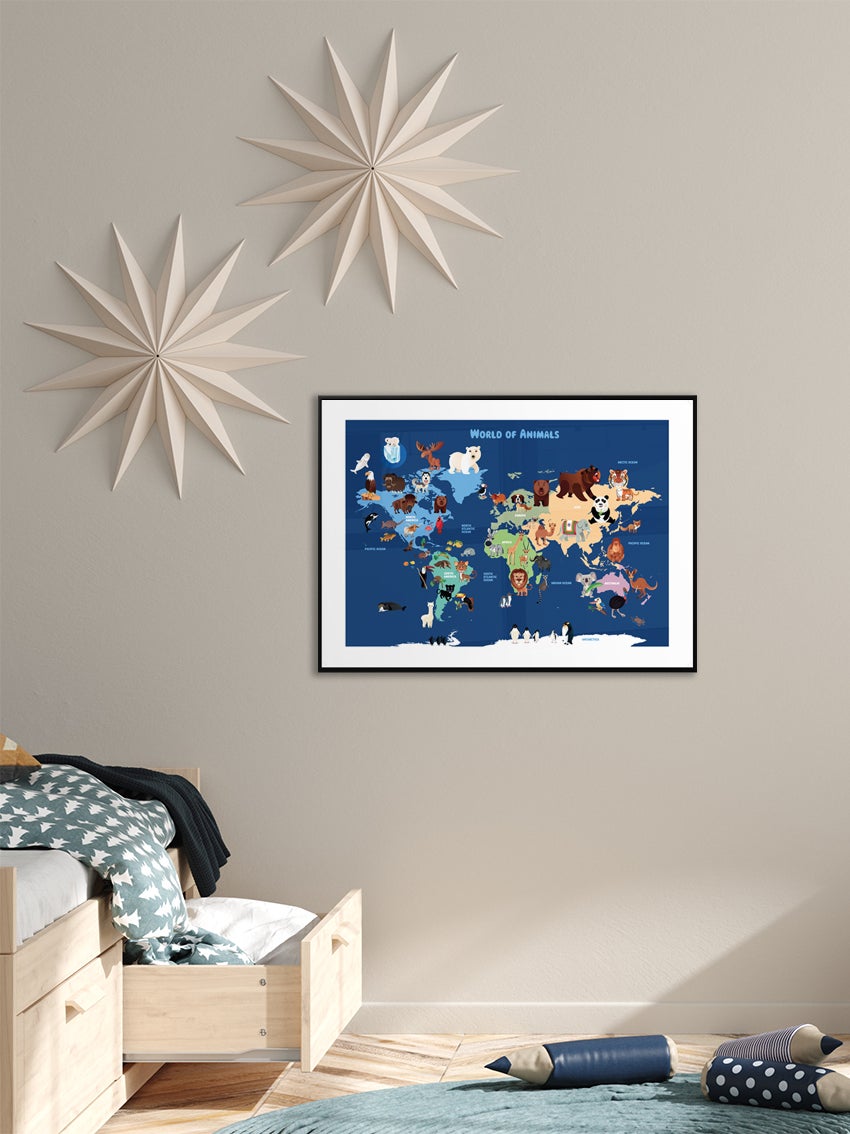 World Map With Animals Poster