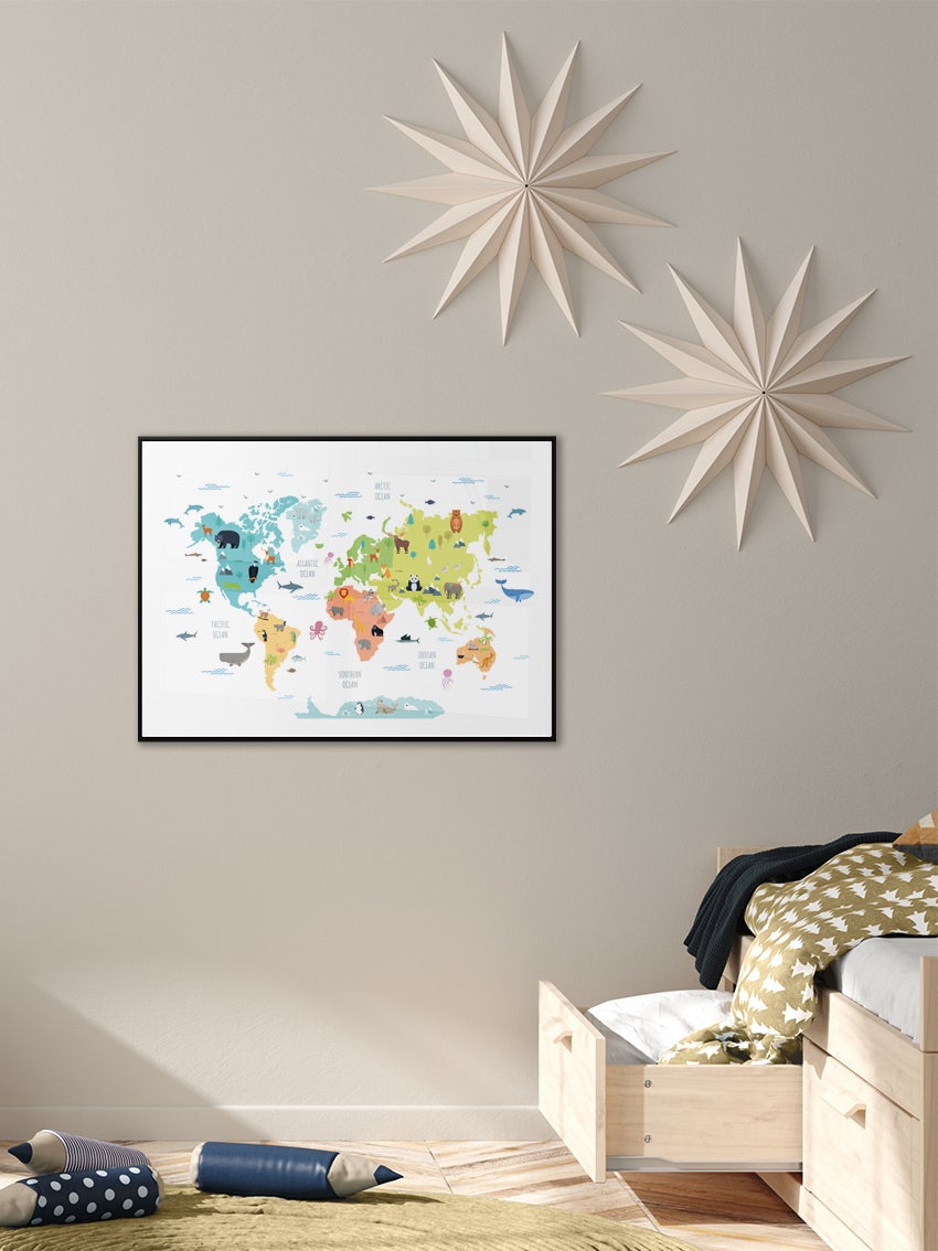 World Map With Wild Animals Poster